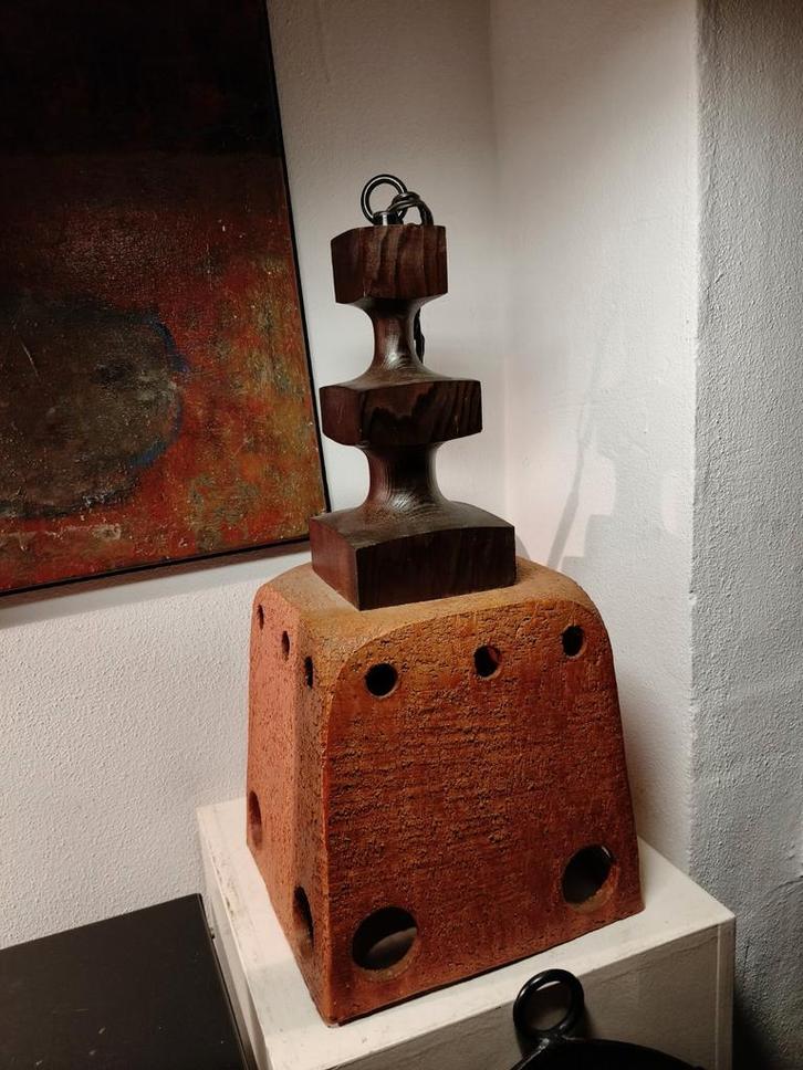 2717 Vintage Hanglamp Keramiek Hout Brutalist Desig, Huis en Inrichting, Lampen | Hanglampen, Minder dan 50 cm, Hout, Ophalen of Verzenden