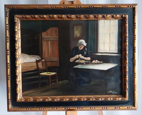 G. Verbrugge (XXe) - Binnenhuis - Paneel - 1950, Antiek en Kunst, Kunst | Schilderijen | Klassiek, Ophalen of Verzenden