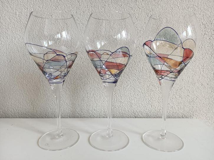 Set van drie ‘glas in lood’ kristallen Milano wijnglazen, Verzamelen, Glas en Borrelglaasjes, Zo goed als nieuw, Overige typen