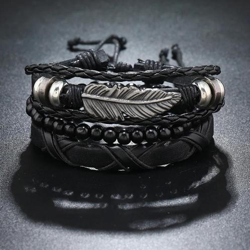 Set Van 4 Zwarte Heren Armbanden Met Veer, Sieraden, Tassen en Uiterlijk, Armbanden, Nieuw, Zwart, Verzenden