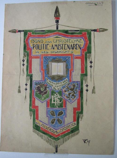 Tekening  voor vaandel HILVERSUM, Antiek en Kunst, Kunst | Tekeningen en Foto's, Verzenden