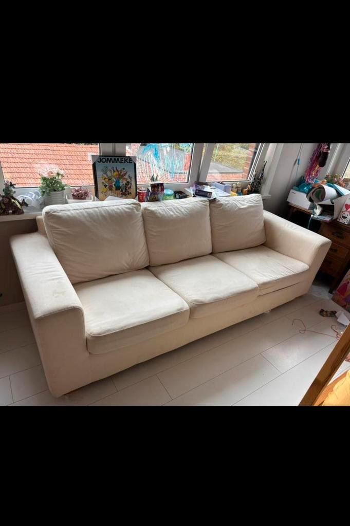 Comfortabele 3-zits zetel – crème stof, Huis en Inrichting, Fauteuils, Gebruikt, Stof, 75 tot 100 cm, Ophalen