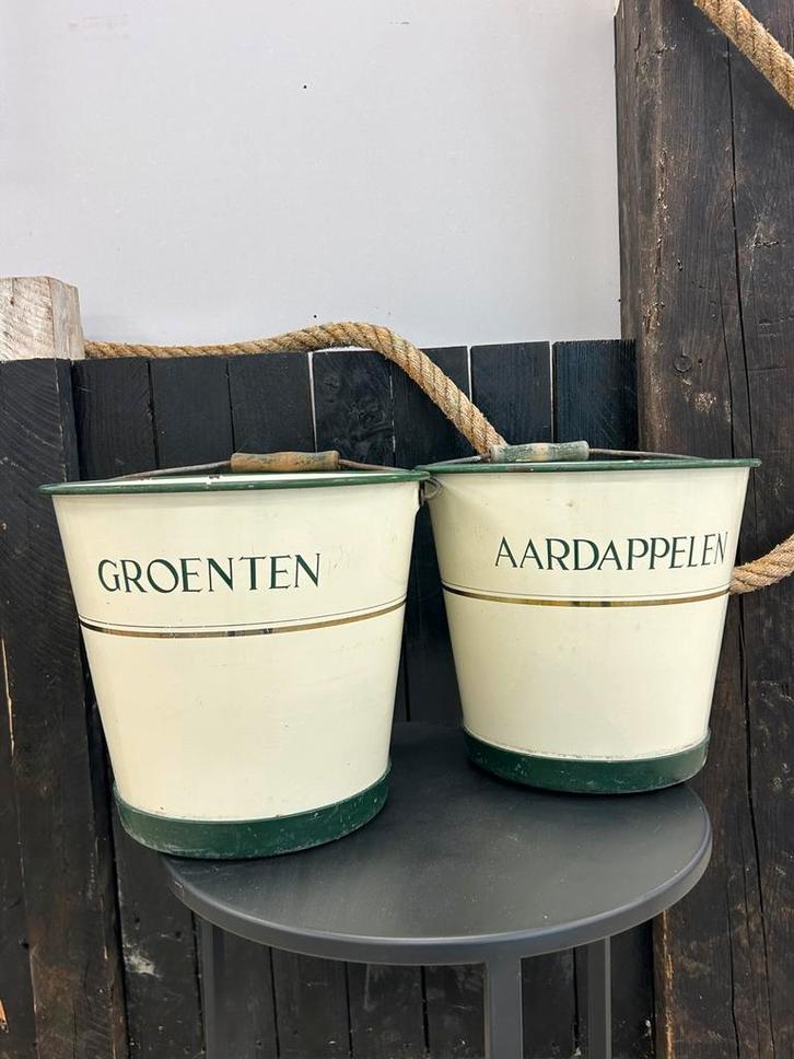 Creme Emaille Groenten & Aardappel Emmer met Bies, Antiek en Kunst, Antiek | Emaille, Ophalen of Verzenden