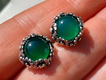 Vanoli 925 zilver ooknopjes oorbellen groene agaat madelief beschikbaar voor biedingen