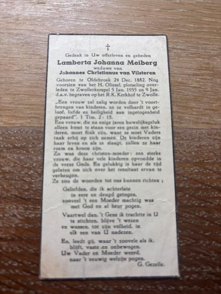 Meiberg Lamberta Oldebroek 1955 Zwollerkerspel x v Vilsteren, Verzamelen, Bidprentjes en Rouwkaarten, Bidprentje, Ophalen of Verzenden