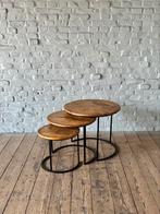 Bijzettafeltjes bijzettafel set 3 stuks hout metaal ijzer, Ophalen, Minder dan 55 cm, Rond, Hout