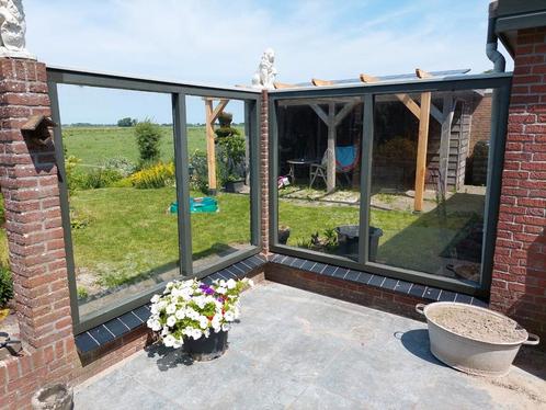 Glazen glaswand/wind/kozijnen gratis (zelf verwijderen), Tuin en Terras, Tuinschermen, Gebruikt, Hout, 150 tot 200 cm, 200 cm of meer