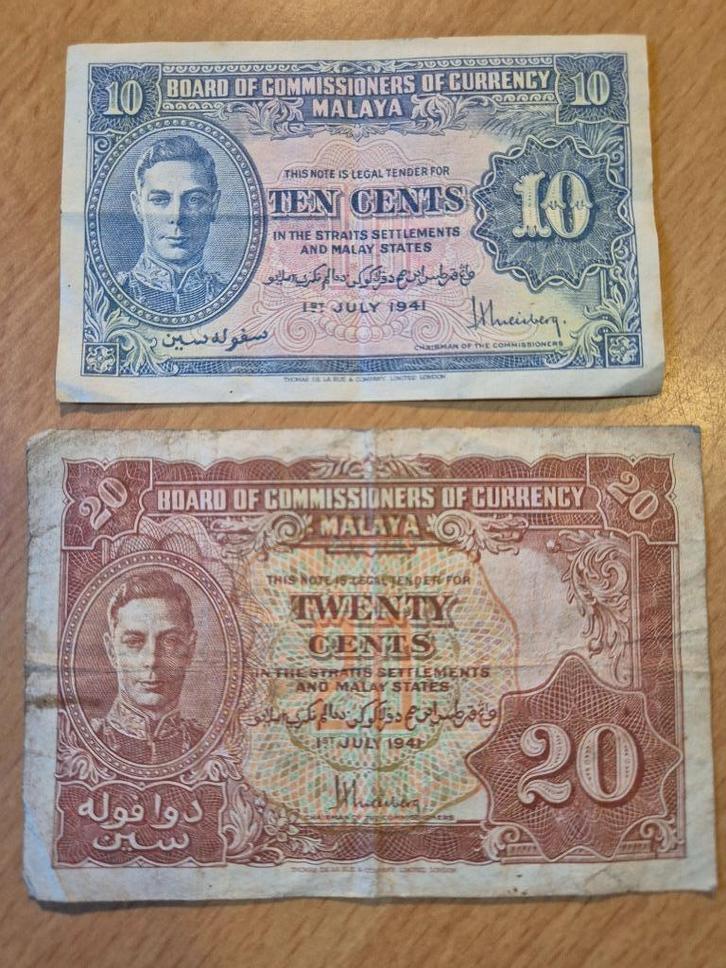 Straits Settlements & Malay States 10 & 20 Cents 1941, Postzegels en Munten, Bankbiljetten | Azië, Setje, Zuidoost-Azië, Ophalen of Verzenden
