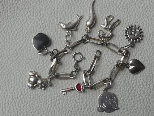 Sterling zilveren schakel armband met 9 bedels, Sieraden, Tassen en Uiterlijk, Armbanden, Zo goed als nieuw, Zilver, Zilver, Met bedels of kralen