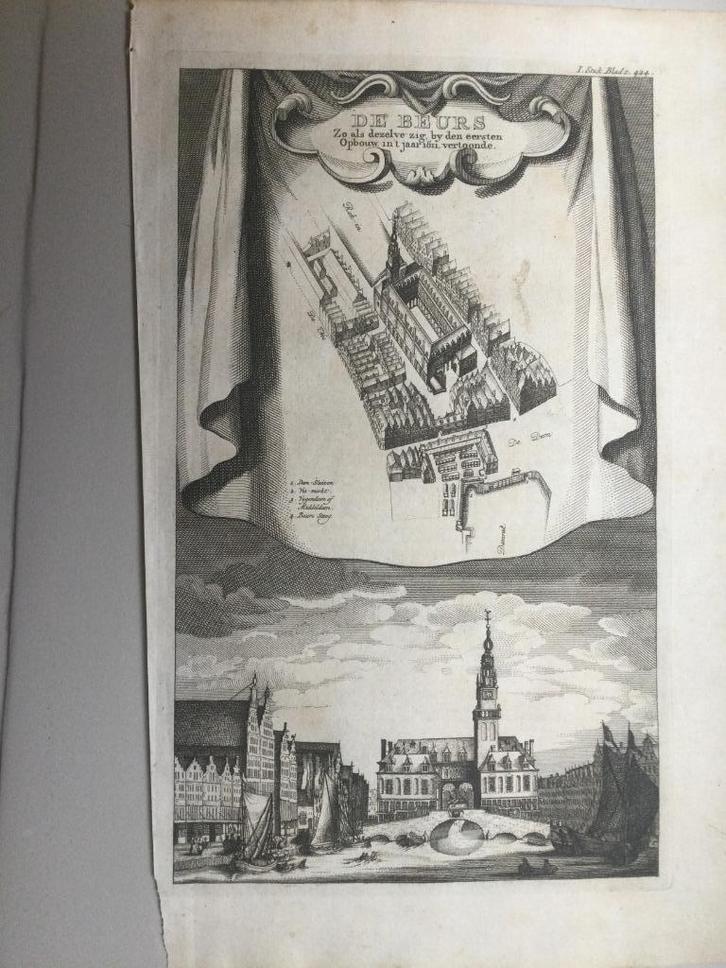 Amsterdam, Beurs, Stadhuis, Rokin, Damrak, Dam,1760, 2 stuks, Antiek en Kunst, Kunst | Etsen en Gravures, Verzenden