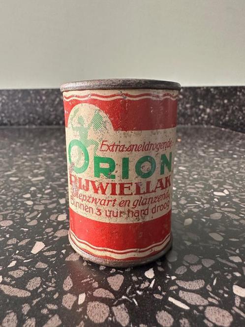 ORION Rijwiellak blikje. Diepzwart en glanzend. Blik., Verzamelen, Merken en Reclamevoorwerpen, Gebruikt, Verpakking, Ophalen of Verzenden