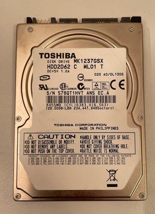 120GB Toshiba MK1237GSX 5.4K RPM SATA 9.5mm 2.5 HDD, Computers en Software, Harde schijven, Zo goed als nieuw, Laptop, Intern