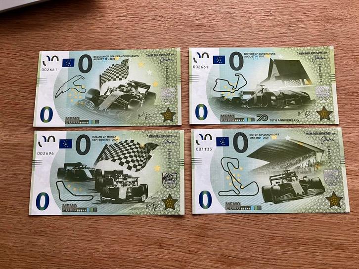 4x verschillende 0-eurobiljet formule 1, Postzegels en Munten, Bankbiljetten | Nederland, Ophalen of Verzenden