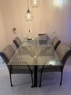 Stijlvolle glazen eettafel met matrix tafelpoot, Huis en Inrichting, Tafels | Eettafels, Ophalen, Gebruikt, 50 tot 100 cm, Vijf personen of meer
