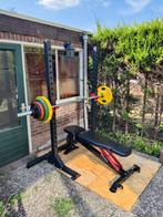 Squat/halter stand + bench + olympische halter stang met gew, Sport en Fitness, Fitnessmaterialen, Ophalen, Gebruikt, Rug, Halterset