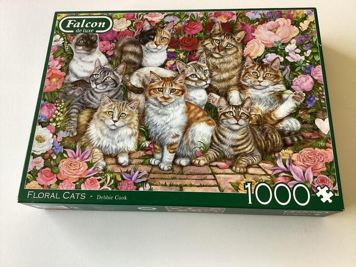 Nieuwe Falcon puzzel poezen tussen bloemen Debbie Cook, Hobby en Vrije tijd, Denksport en Puzzels, Nieuw, Legpuzzel, 500 t/m 1500 stukjes