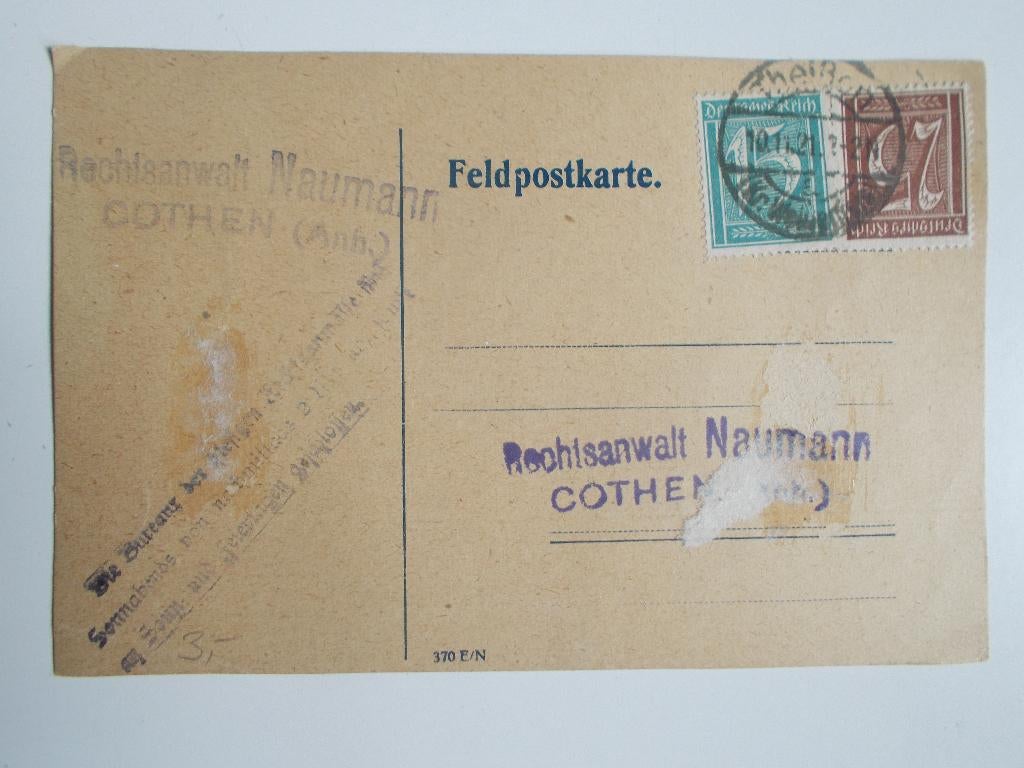 Duitse Rijk, Na WO I Gebruikte Veldpostkaart Uit Theißen1921, Ophalen, Briefkaart