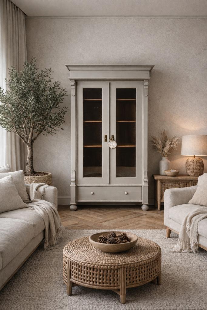 Vintage buffetkast servieskast boekenkast vitrinekast taupe, Huis en Inrichting, Kasten | Vitrinekasten, Ophalen, 100 tot 150 cm