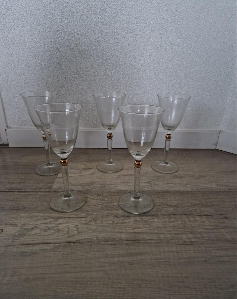 5 glazen vintage retro wijnglazen gouden bal kristallen, Glas of Glazen, Ophalen of Verzenden, Overige stijlen, Glas