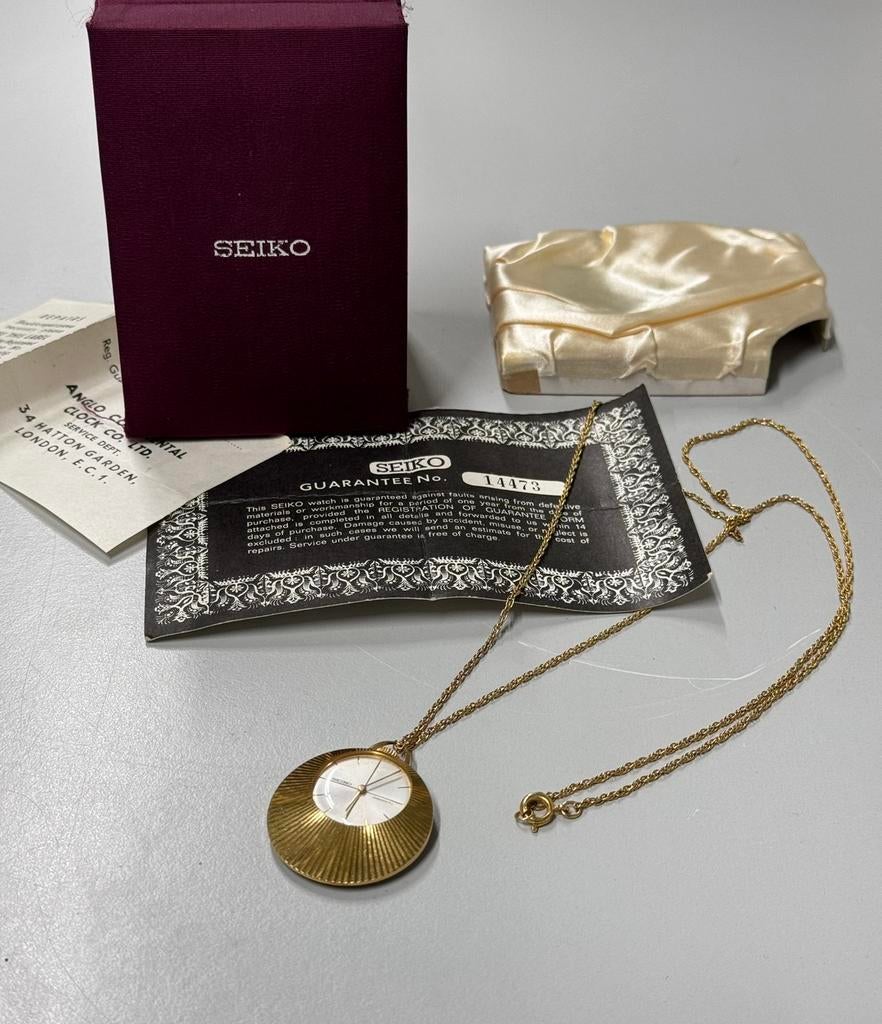1960-1970 horloge Seiko + ketting Bladgoud zakhorloge antiek, Ophalen of Verzenden, Goud, Verguld