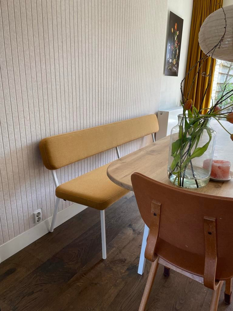 Studio Henk Eettafelbank 'Coode' okergeel 180cm, Huis en Inrichting, Ophalen, Overige kleuren, Zo goed als nieuw, Vier