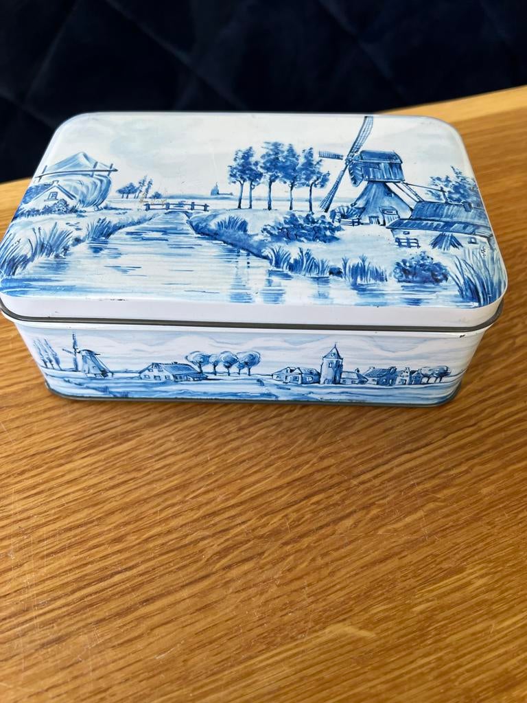 Vintage Patria Delfts Blauw Blik - Hollands Landschap, Verzamelen, Blikken, Ophalen of Verzenden, Gebruikt, Koek(jes), Overige merken