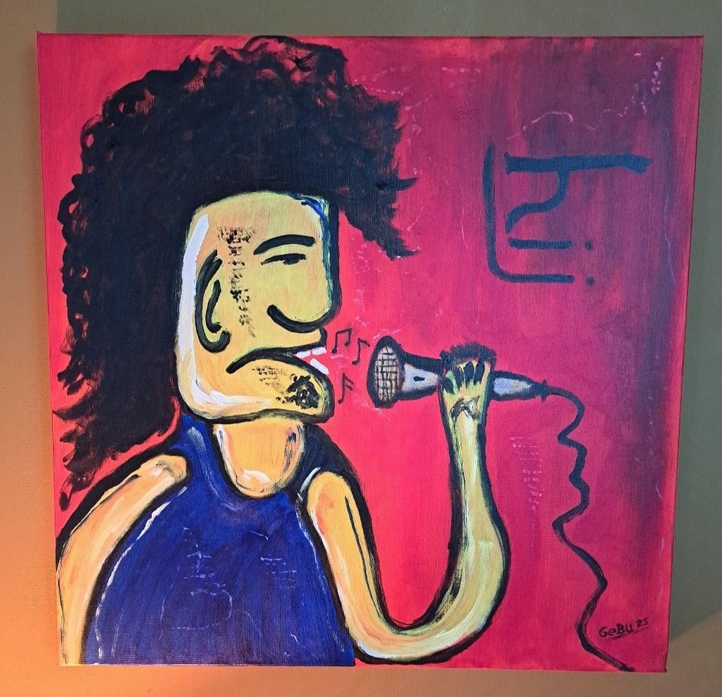 Abstract acrylverf schilderij: De Zingende Man., Ophalen of Verzenden
