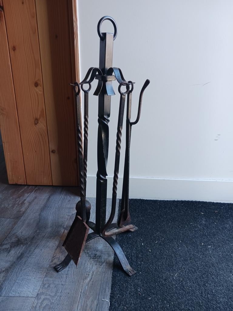 Antieke haardset, haardset, metaal, Huis en Inrichting, Haarden, Ophalen of Verzenden, Vrijstaande haard, Houthaard