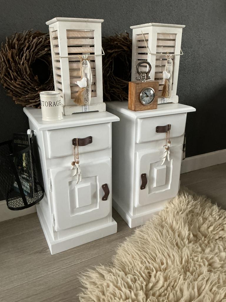 Nachtkastjes Wit & Wood & Tuigleer Kastjes, Huis en Inrichting, Slaapkamer | Nachtkastjes, Ophalen of Verzenden, Zo goed als nieuw