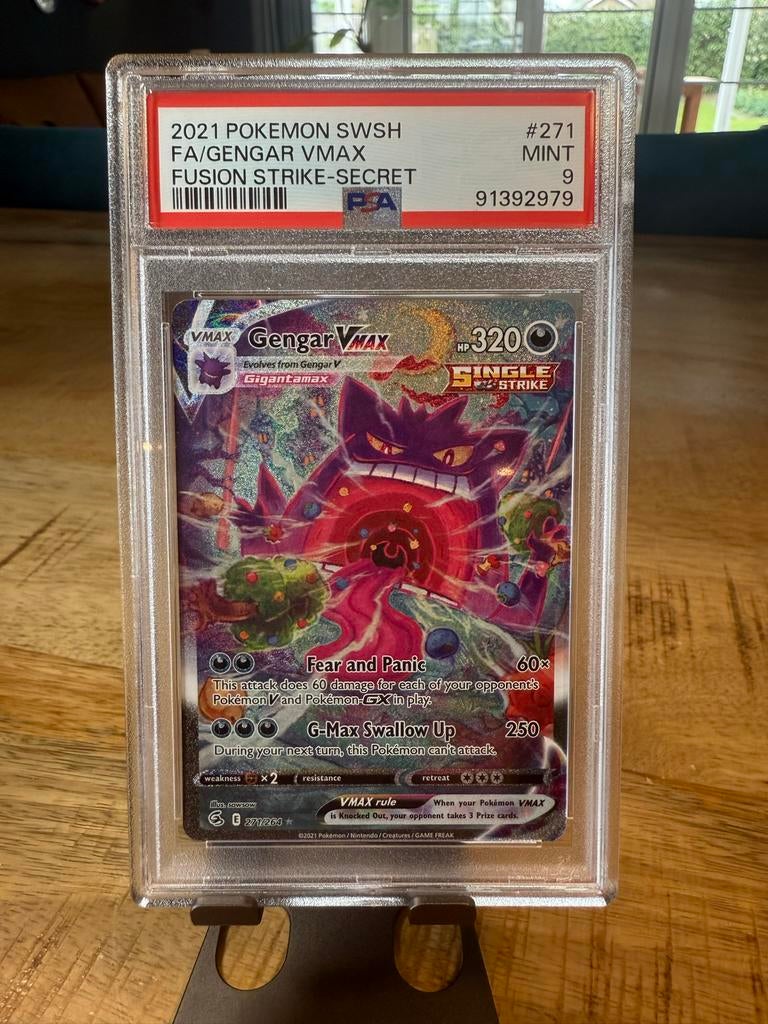 Gengar VMAX - 271/264 -Fusion Strike Secret (PSA 9), Ophalen of Verzenden, Zo goed als nieuw, Losse kaart, Foil
