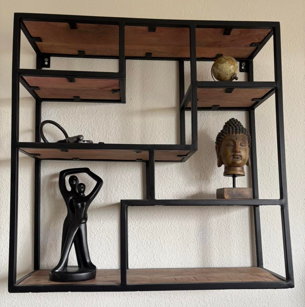 Stoer industrieel wandrek, zgst, Mango hout, excl decoratie, Ophalen, Zo goed als nieuw