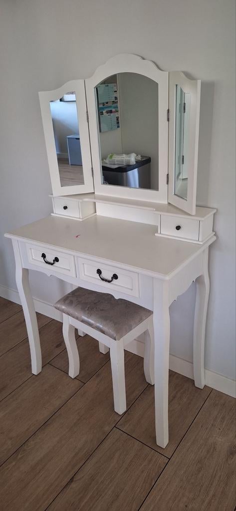 Witte kaptafel met spiegel en krukje, Gebruikt, 100 tot 150 cm, Klassiek, Romantisch, Hout