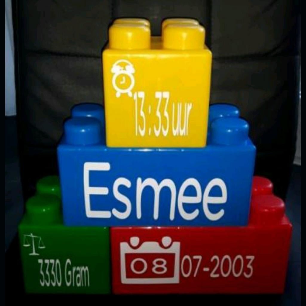 Mega bouwstenen toren met geboorte gegevens en naam, Ophalen of Verzenden