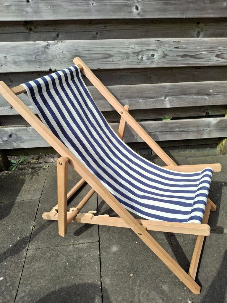 Houten Klapstoel Blauw-Wit Gestreepte Strandstoel, Tuin en Terras, Tuinstoelen, Ophalen of Verzenden, Gebruikt, Hout, Inklapbaar