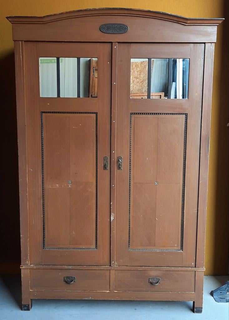 Brocante vintage linnenkast, kledingkast, kast, grenen, Ophalen, Gebruikt, Met deur(en), Vintage