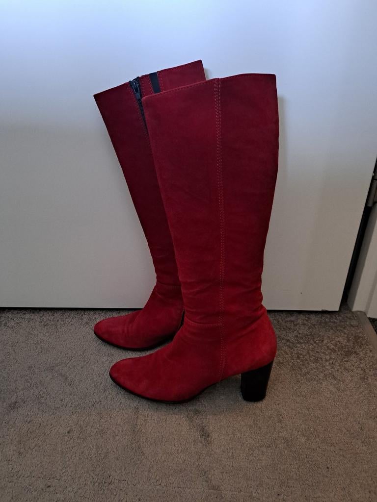 Prachtige lange rode suède laarzen in topstaat mt 41, Kleding | Dames, Schoenen, Ophalen of Verzenden, Zo goed als nieuw, Rood