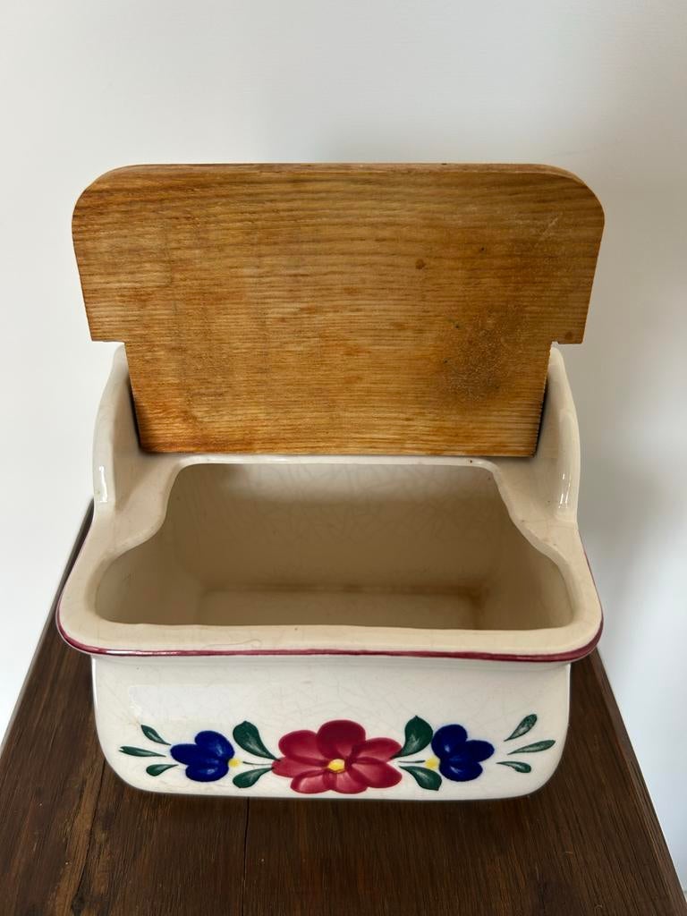Vintage Aardewerk Zoutpot met Houten Deksel - Bloemen, Ophalen of Verzenden