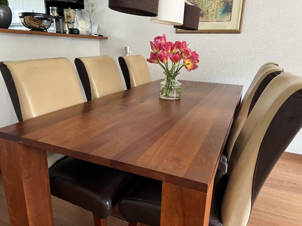 Eettafel kersenhout met 6 leren stoelen, Ophalen, Gebruikt, 200 cm of meer, 50 tot 100 cm