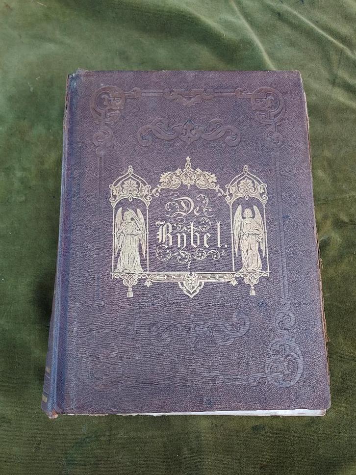 Antieke bijbel in lederen band en 40 staalgravures., Antiek en Kunst, Antiek | Boeken en Bijbels, Verzenden