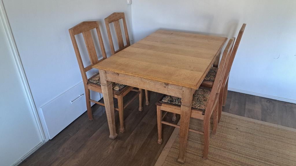 Antieke eettafel met 4 stoelen, gobelinstof, Antiek en Kunst, Antiek | Meubels | Tafels, Ophalen