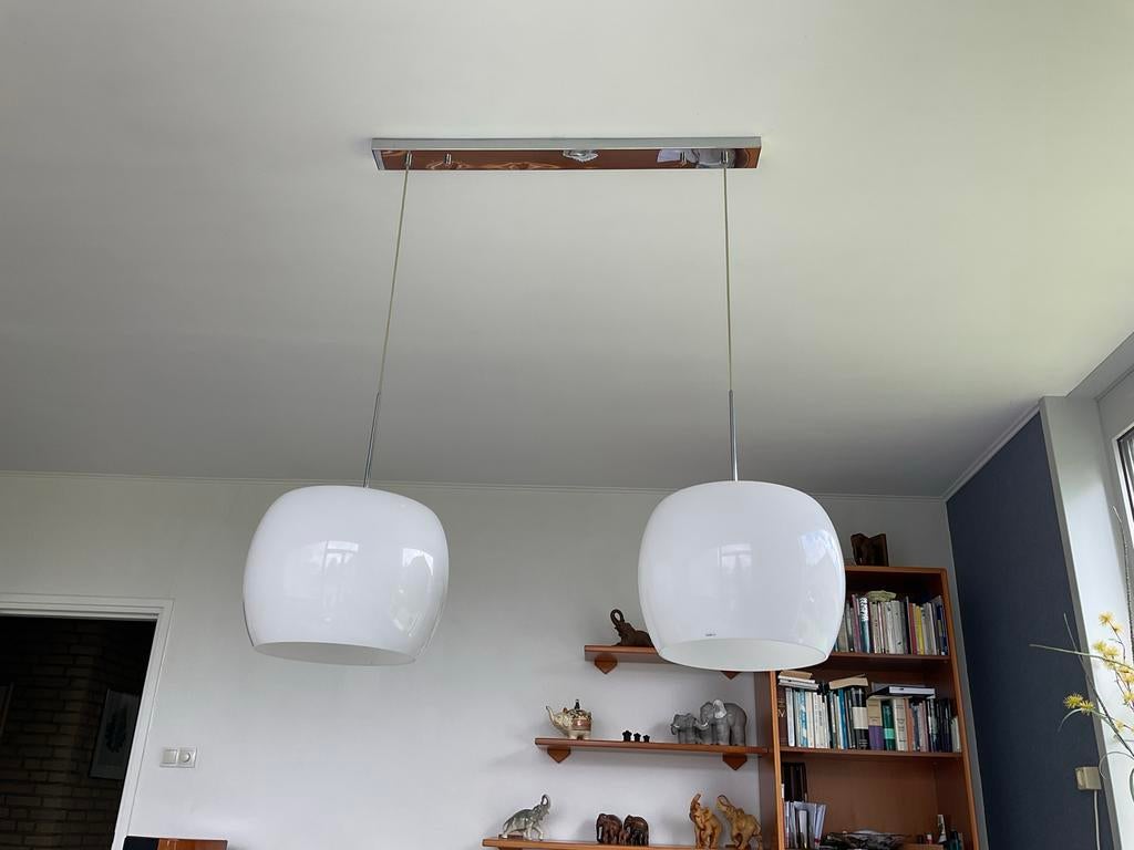 Prachtige SeedDesign hanglamp met 2 glazen kappen, Huis en Inrichting, Ophalen of Verzenden, Zo goed als nieuw, Glas, 75 cm of meer