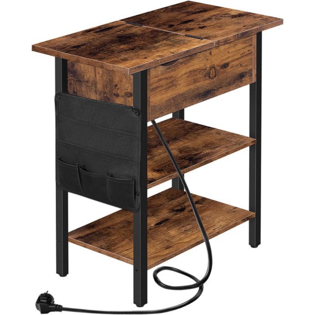 Bijzettafel met Stopcontact & USB-Zwart-Bruin- 60x40x45 cm, Huis en Inrichting, Tafels | Bijzettafels, 45 tot 60 cm, Minder dan 55 cm