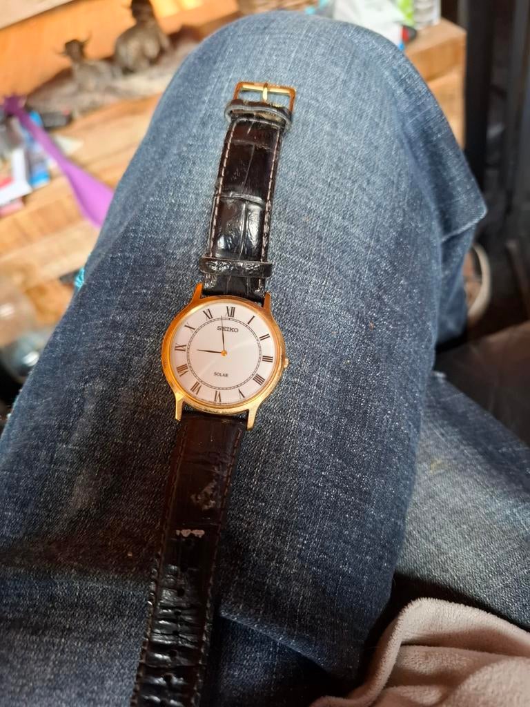 Seiko Solar Polshorloge Goudkleurig met Leren Bandje, Ophalen of Verzenden