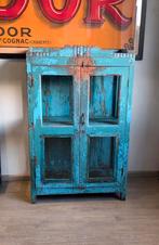 Vintage Vitrinekast - Uniek Blauw Houten Kastje, Ophalen, Glas, 100 tot 150 cm, 50 tot 100 cm