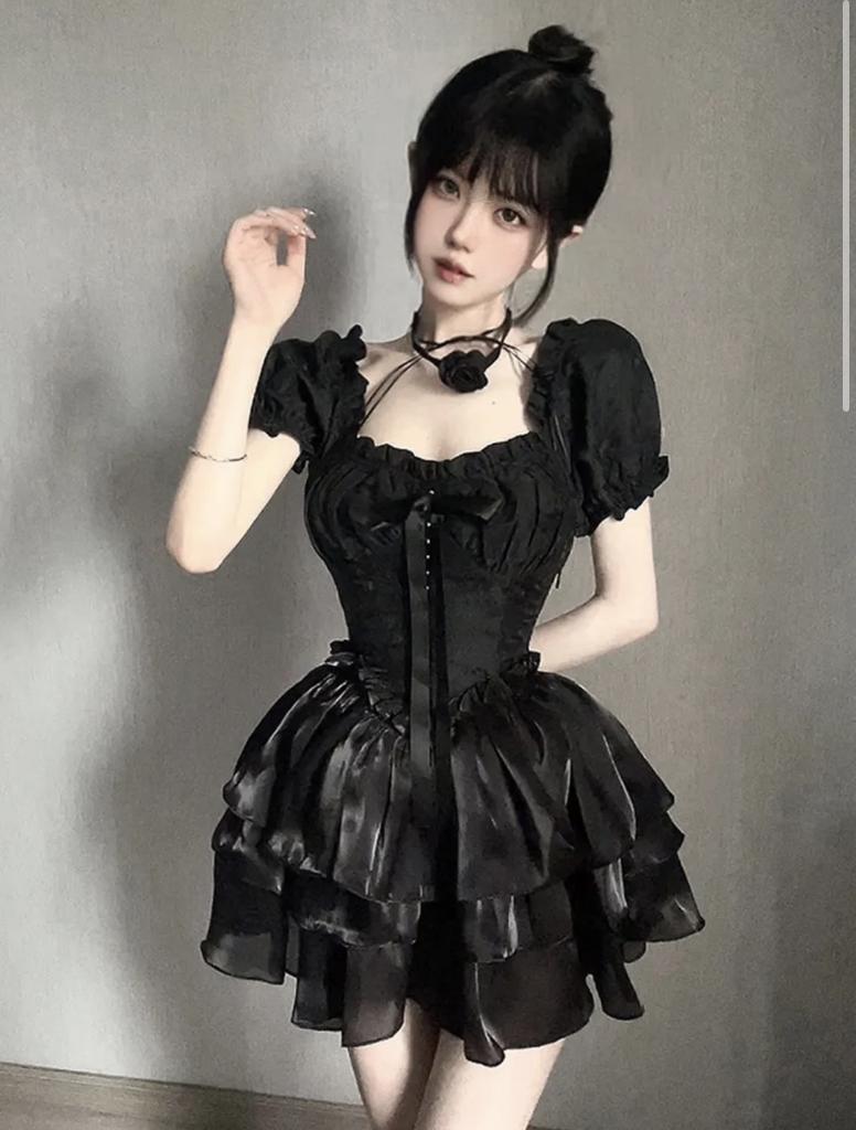 Short Sleeve Square Neck Plain Bow Ruffle Mini Dress Choker, Verzenden, Zwart, Maat 42/44 (L), Nieuw