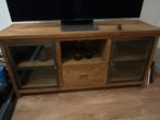 Robuust houten tv-meubel met glazen deuren en lade, Ophalen, Gebruikt, 100 tot 150 cm, Minder dan 100 cm