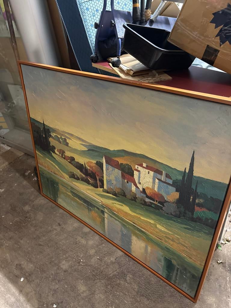 Groot schilderij met landschap en huizen, Ophalen