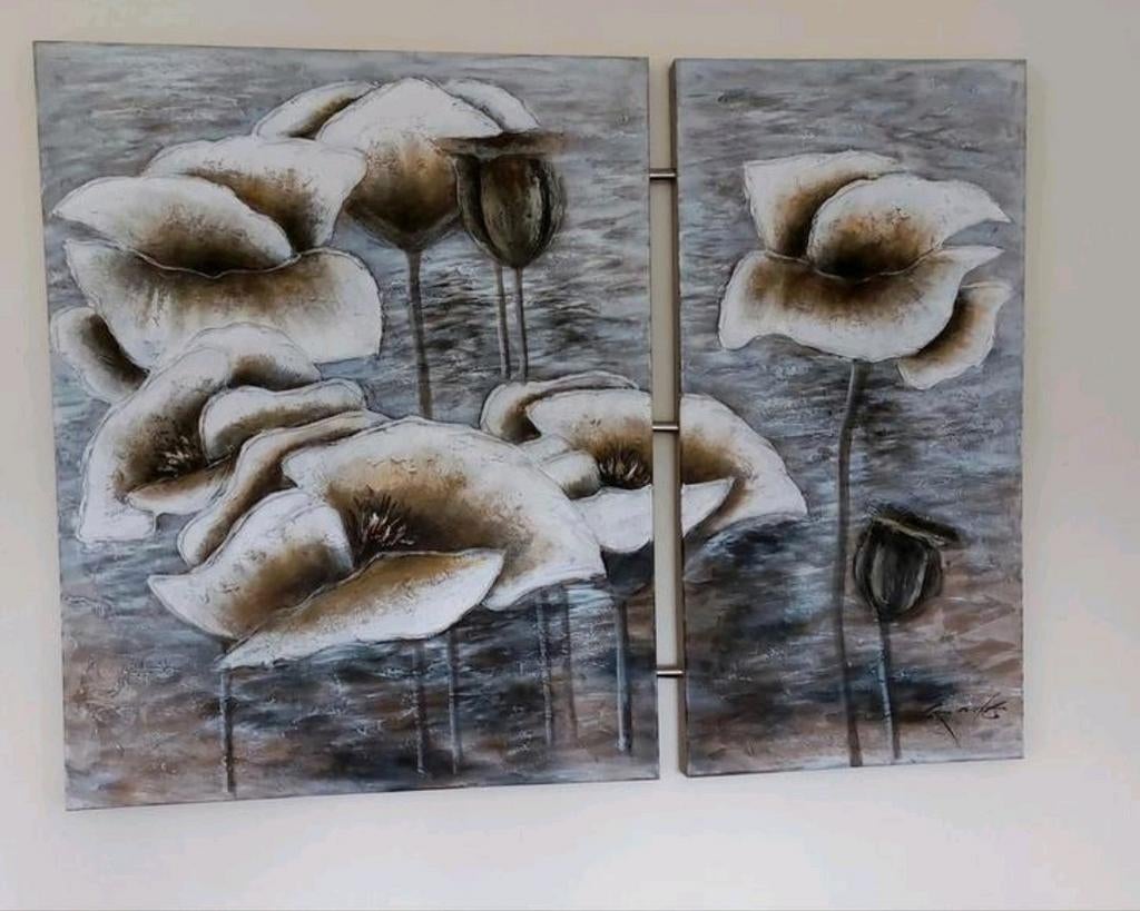 Stijlvol bloemenschilderij, olieverf, tweeluik, reliëf, Ophalen, 125 cm of meer, Zo goed als nieuw, Schilderij