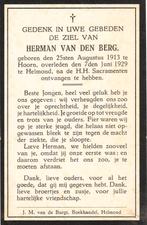 Hoorn 1913 - Helmond 1929 Herman van den Berg, Ophalen of Verzenden, Bidprentje