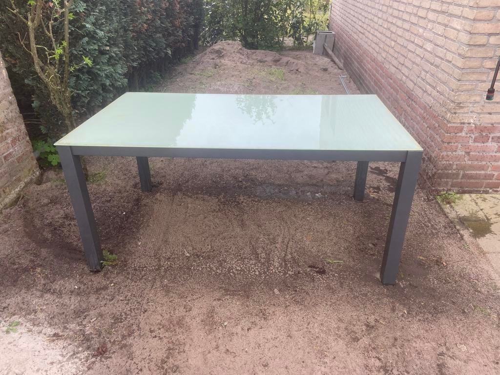 Buitentafel aluminium frame glazen blad 160x90, Ophalen, Gebruikt, Rechthoekig, Aluminium